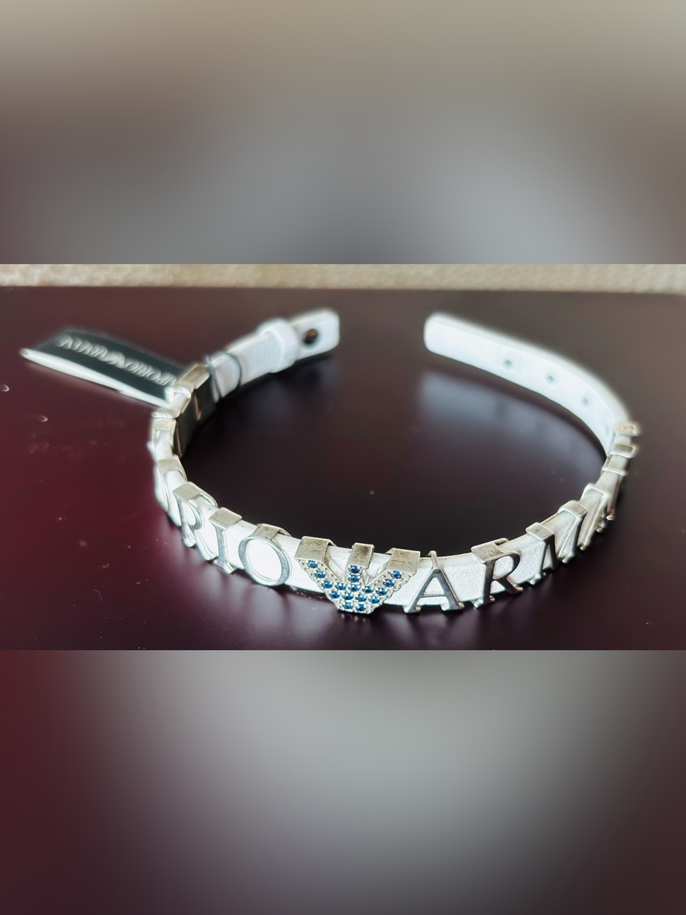 Emporio Armani White Leather Bracelet with Silver Logo and Blue Crystal Emblem